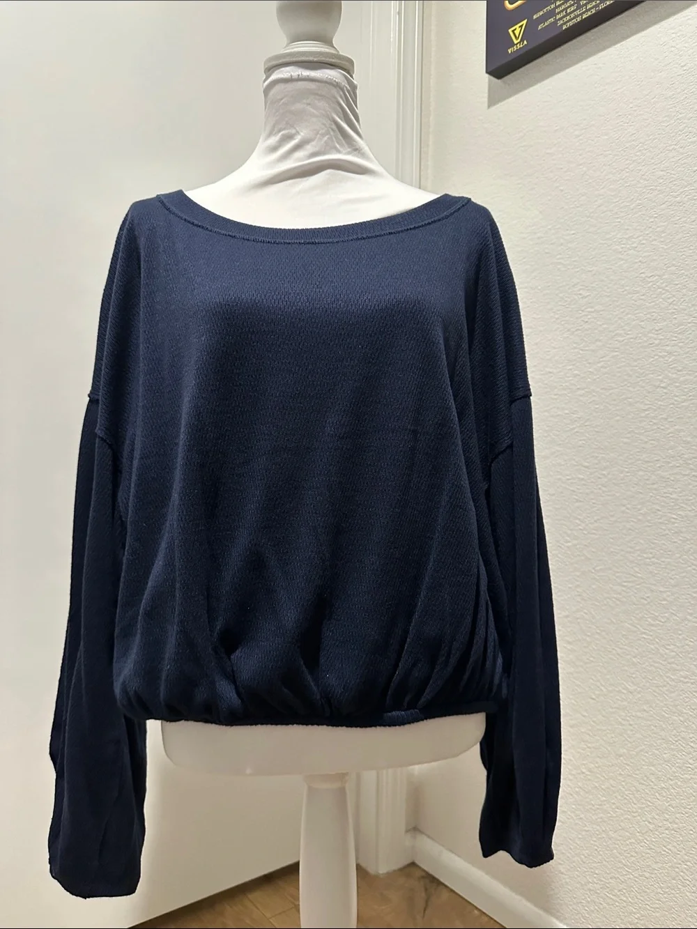 Free People Navy Boatneck Long Sleeve Pullover